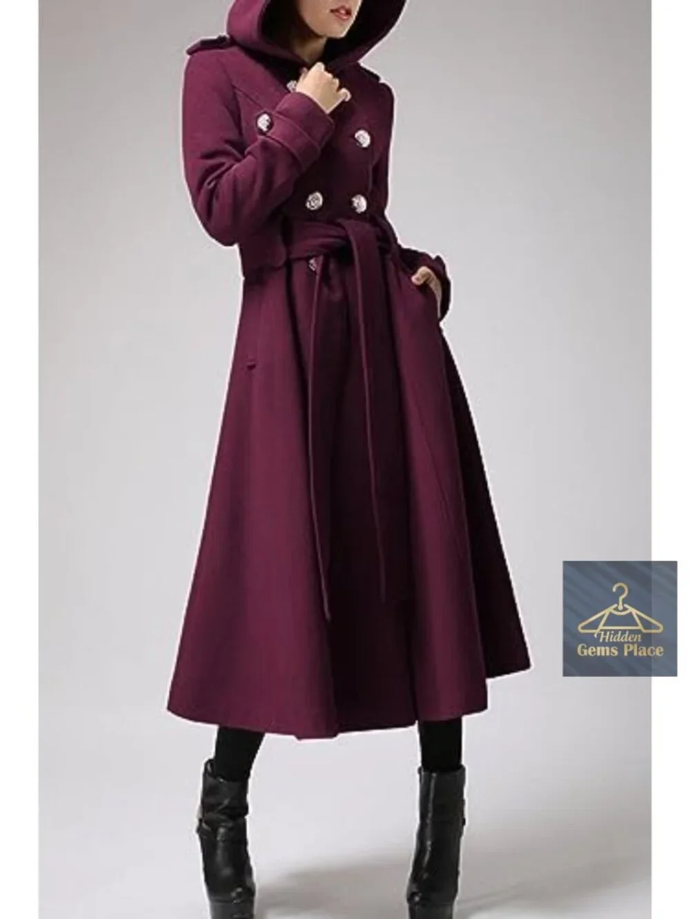 Women's Extra Long Double-Breasted Hooded Wool Blend Trench Coat